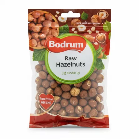Bodrum Raw Hazelnuts front packaging with visible nuts through bag