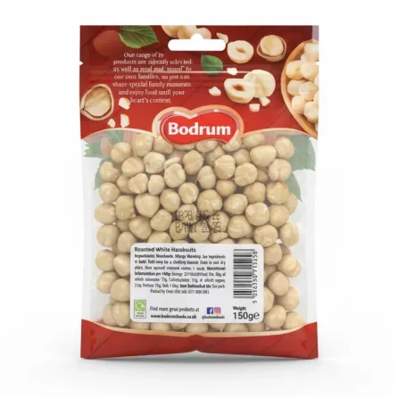 Bodrum Roasted White Hazelnuts in resealable pouch back with nutritional info