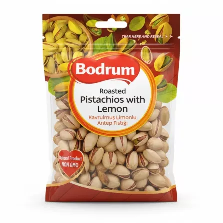 Front view of Bodrum Roasted Pistachios with Lemon packaging