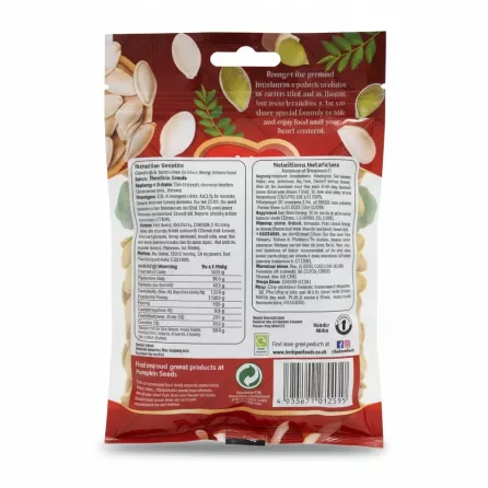 Bodrum Roasted & Unsalted Pumpkin Seeds pack back with nutritional info