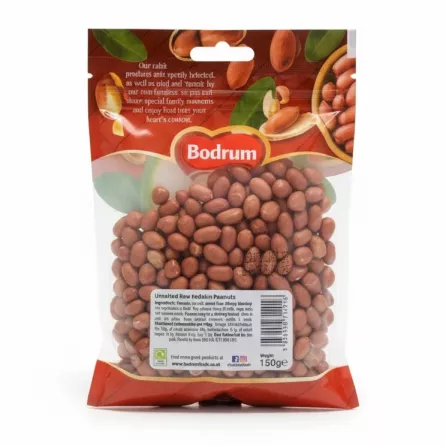 Bodrum Unsalted Raw Redskin Peanuts back packaging showing ingredients and nutritional info