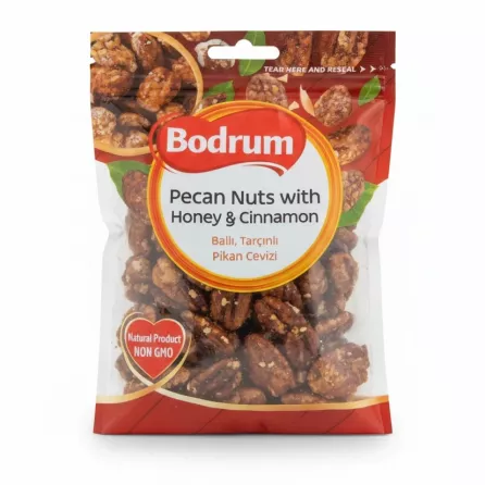 Bodrum brand package of pecan nuts on coated with honey and cinnamon on a white background