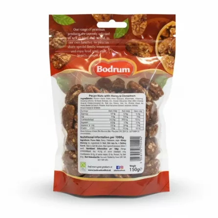 Back of Bodrum pecan nuts pack showing ingredients and nutrition facts