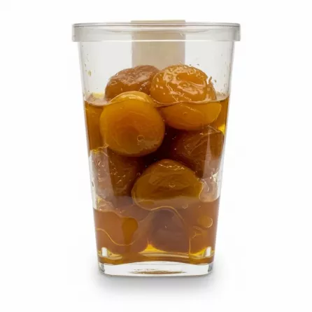 Container of golden plums in syrup held in hand