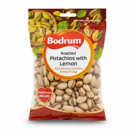Bodrum roasted pistachios with lemon in transparent packaging showing pistachios in shell