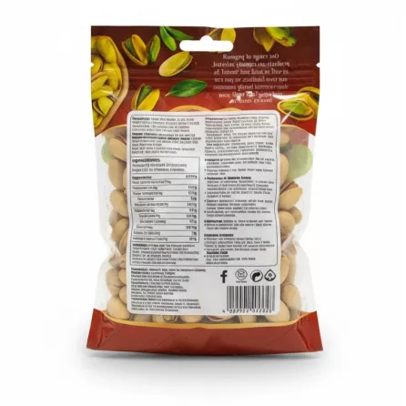Back view of Bodrum roasted pistachios with lemon package showing ingredients and nutritional info