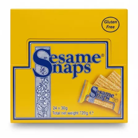Yellow box of Sesame Snaps gluten free snack bars