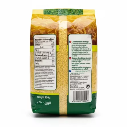 Back view of Sofra white fine bulgur showing nutrition and ingredient info