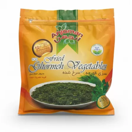 Pack of Anjoman Fried Ghormeh Vegetables front view with product name and image of green herbs