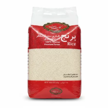 pack of Golestan Premium Tarom rice showing long white grains