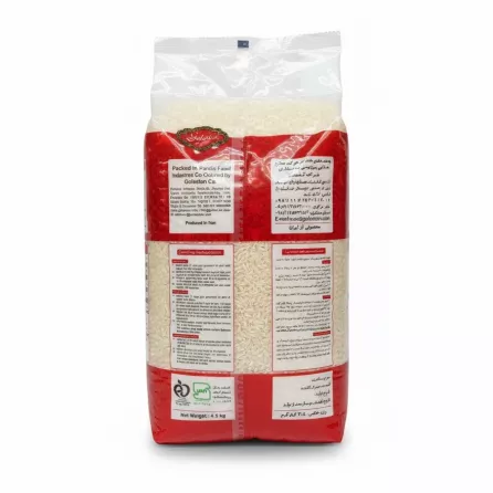 back of Golestan Premium Tarom rice pack with cooking instructions and product details