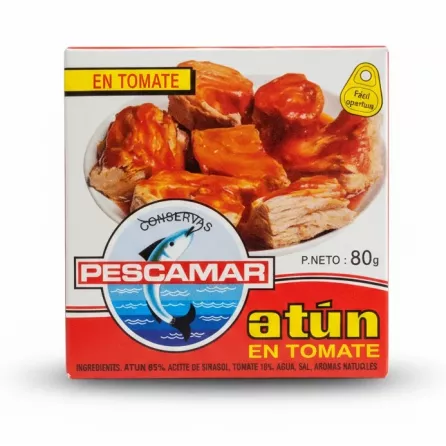 Close-up of Pescamar tuna in tomato sauce package front showing logo and product name