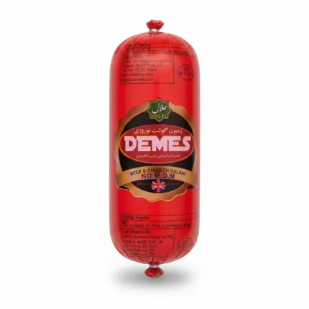 Close-up of Demes beef and chicken salami packaging showing Halal certification and UK origin