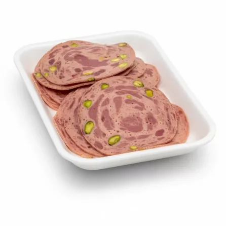 Slices of Demes beef and chicken salami with pistachio nuts placed in a white tray
