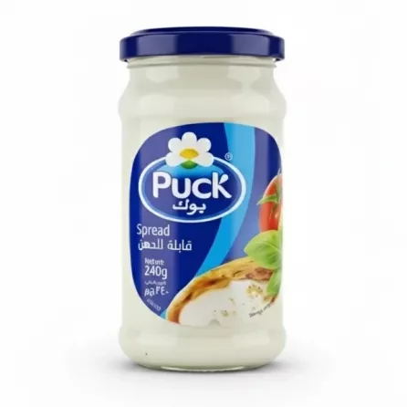 Front view of Puck creamy cheese spread jar 240g