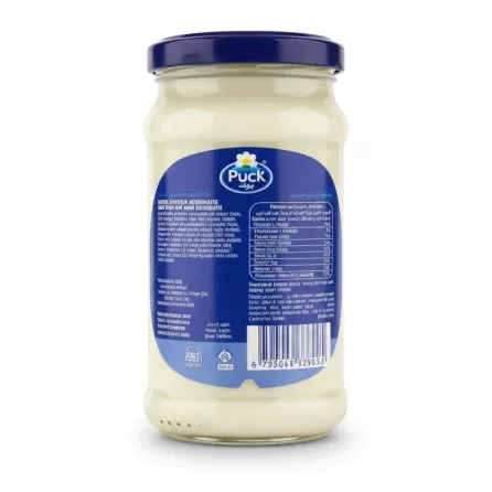 Back view of Puck cheese spread jar showing nutritional facts and barcode