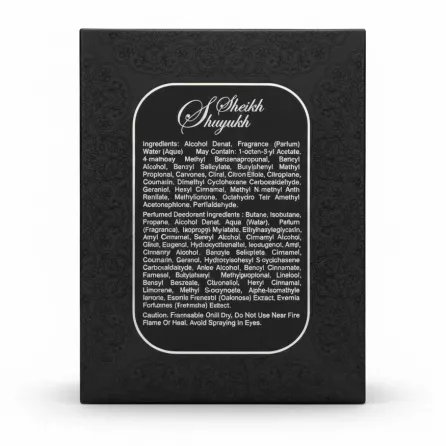Back of Lattafa Sheikh Shuyukh deodorant box with ingredients