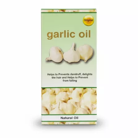 Box of Natural Garlic Oil with garlic bulbs image on front
