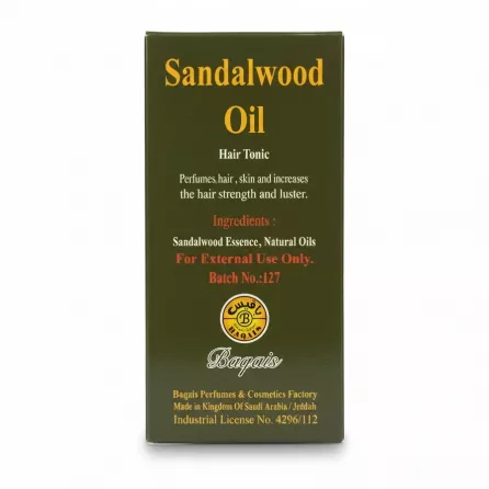 Baqais Sandalwood Hair Oil 125ml back packaging with ingredient details