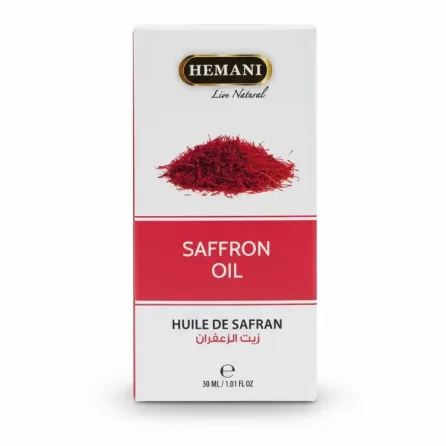 Box of Hemani Saffron Oil with saffron threads image on front