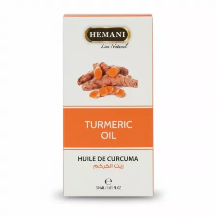 Box packaging of Hemani Turmeric Oil with turmeric root image