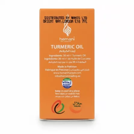 Back of Hemani Turmeric Oil box showing product details and instructions
