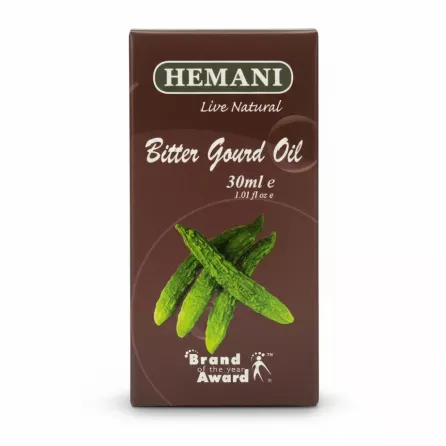 Hemani Bitter Gourd Oil 30ml boxed package with green bitter gourds image