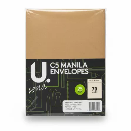 Pack of J. Send C5 Manila Envelopes in plastic wrapping showing packaging label