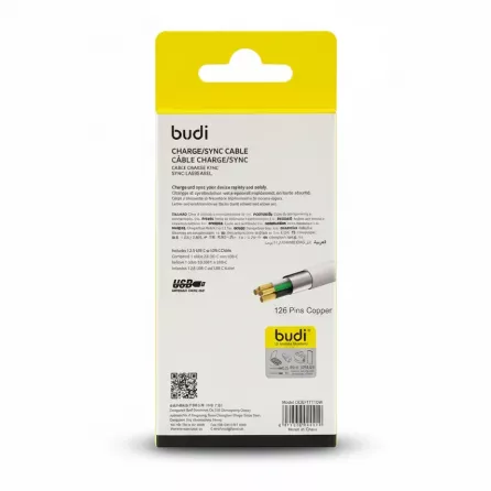 Back of budi USB Type-C cable packaging showing product details and barcode
