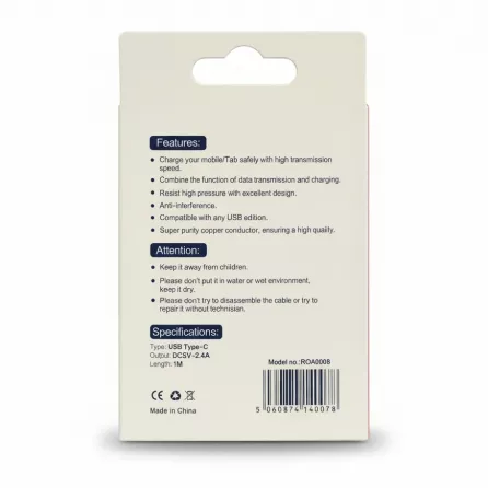 Packaging back view with product features and specifications for ReachOn USB Type-C cable