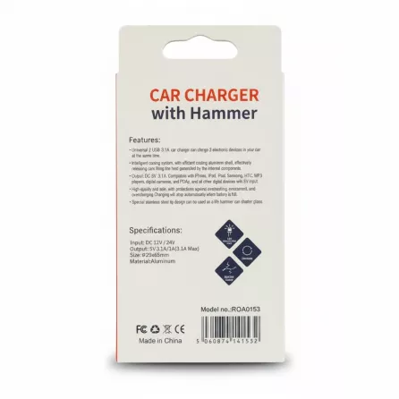 Back packaging of ReachOn car charger detailing features and specifications