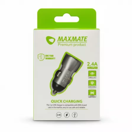 Maxmate strong car charger visible through packaging window