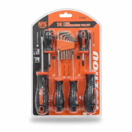 M&S 14 piece screwdriver set with black and orange handles in packaging front view