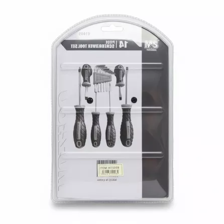 Back view of M&S 14 piece screwdriver tool set packaging showing tool layout and barcode