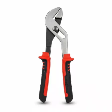 HandyTools 8 inch tongue and groove pliers with red and black handles front view