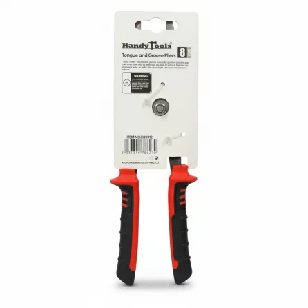 Back packaging view of HandyTools 8 inch tongue and groove pliers showing product information and barcode