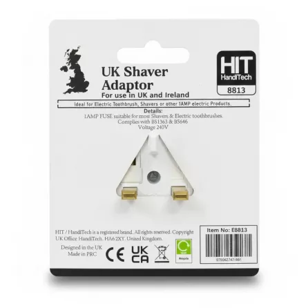 Back view of HIT HandiTech UK Shaver Adaptor packaging showing plug and product details