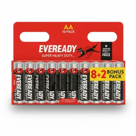 Eveready Super Heavy Duty AA 10 pack batteries front packaging