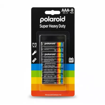 Polaroid Super Heavy Duty AAA battery pack with 8 batteries in black packaging with rainbow stripes