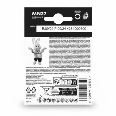 Reverse side of Duracell MN27 battery package with product information