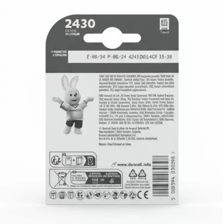 Back view of Duracell CR2430 battery package with safety and recycling info