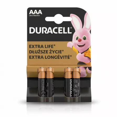 Duracell AAA battery pack with four alkaline batteries and black and copper design