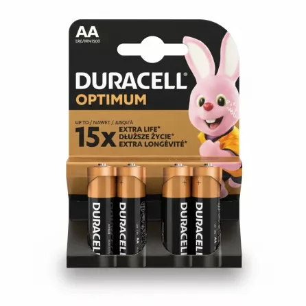 Pack of four Duracell Optimum AA batteries in packaging