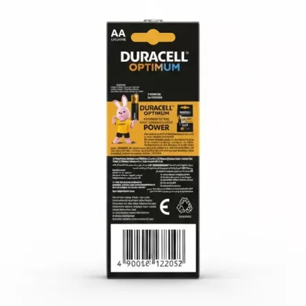 Back packaging with product details and barcode for Duracell AA batteries