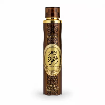 Lattafa Rouat Al Oud elegant brown and gold air freshener bottle