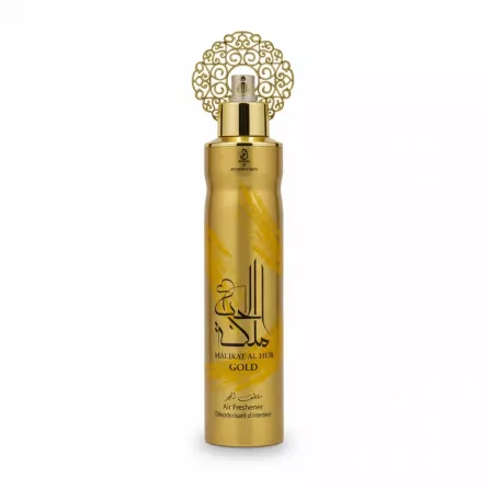 Gold colored Arabiyat Malikat Al Hub air freshener spray with decorative cap