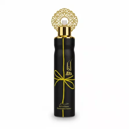 Black cylindrical air freshener bottle with gold decorative cap