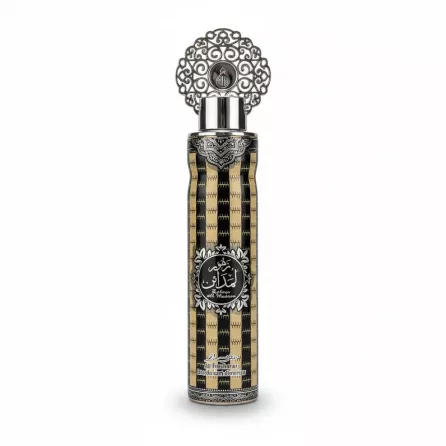 Zahoor Al Madaen air freshener bottle with decorative top and black and gold patterned label
