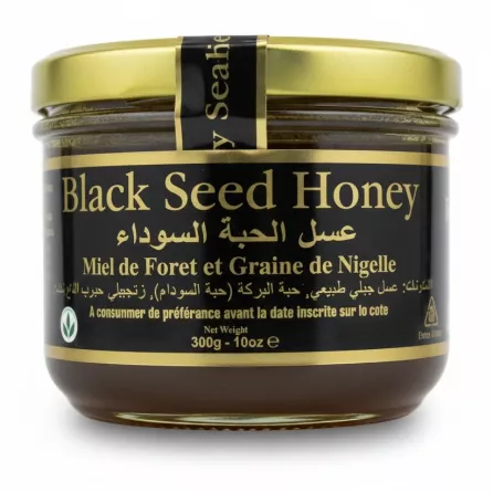 Jar of River of Honey Black Seed Honey with black and gold label