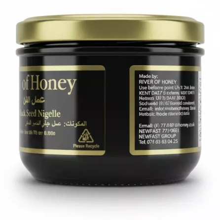 Side view of Black Seed Honey jar showing River of Honey brand and UK address
